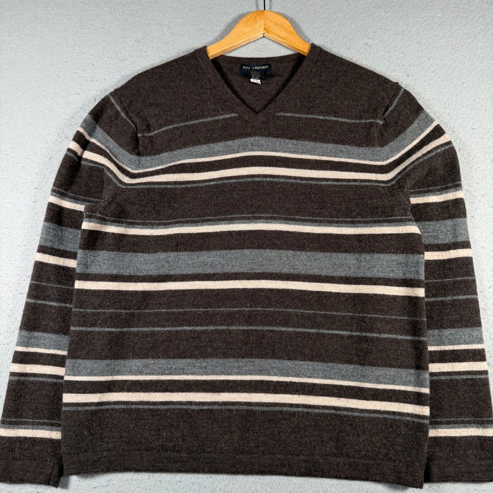 Banana Republic‎ Merino Wool V Neck Striped Sweater Mens Large Brown Blue